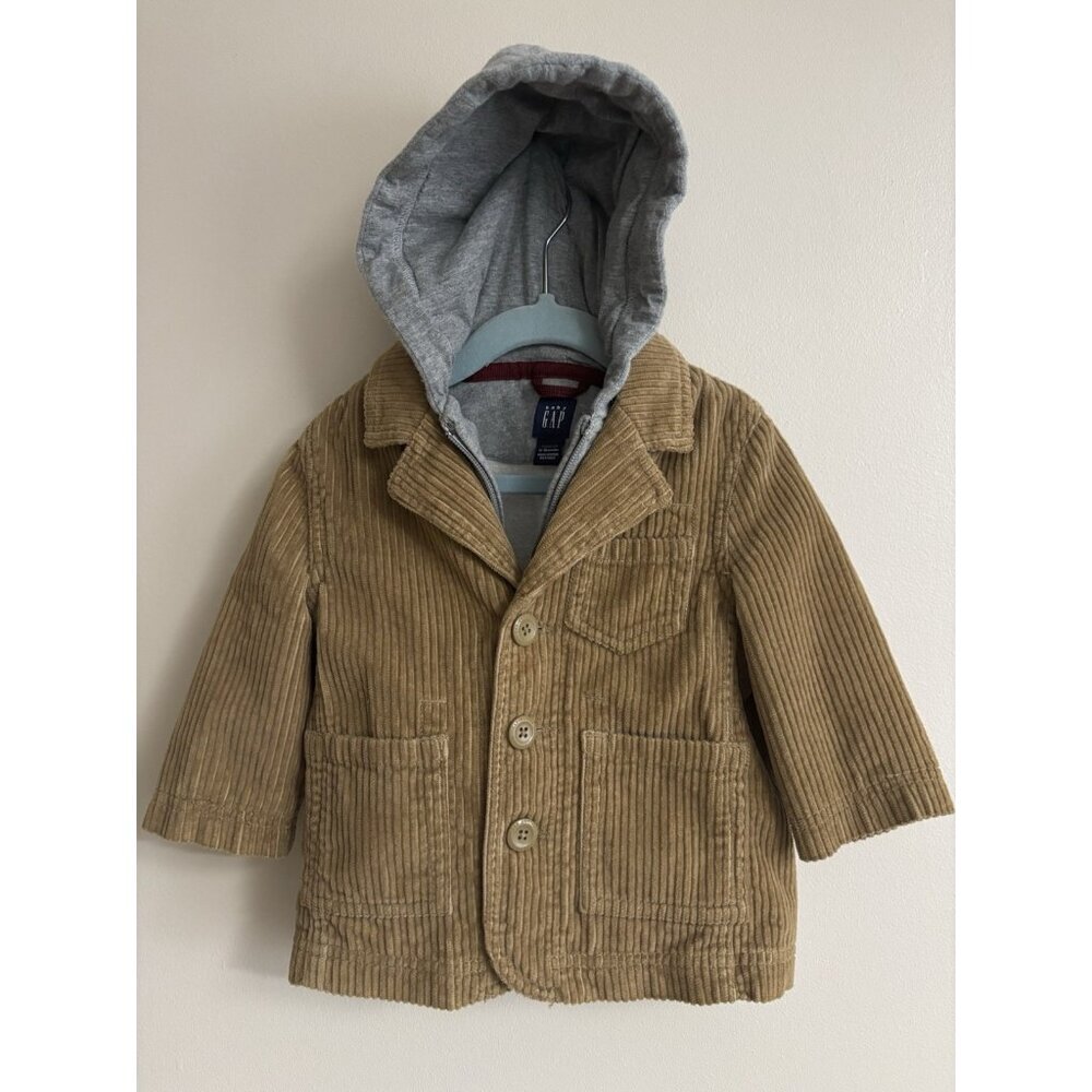 GAP Zip & Button Long Sleeve Brown Corduroy Hooded Jacket Toddler 12/18 Months